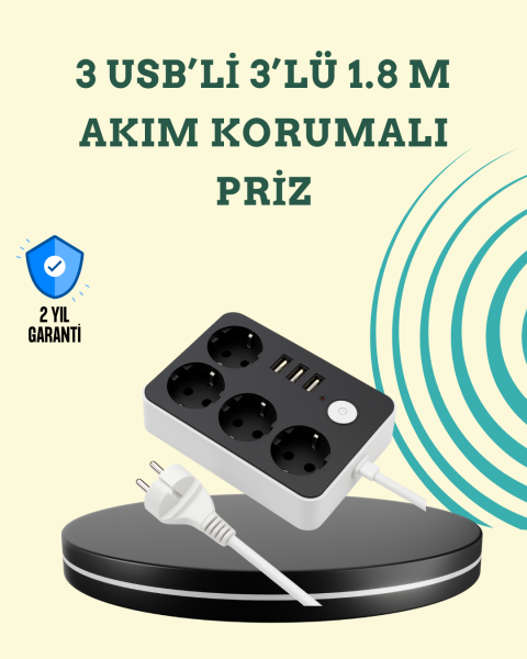 7 Cihazı Aynı Anda Destekleyen 3 USB Portlu 4’lü Priz