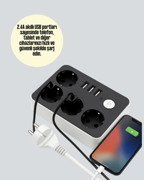 7 Cihazı Aynı Anda Destekleyen 3 USB Portlu 4’lü Priz
