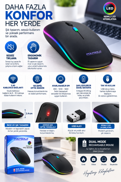 Kablosuz Şarjlı Sessiz Tıklamalı Ergonomik Mouse - Lisinya