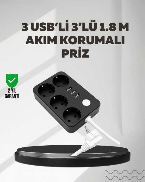 4.1A Hızlı Şarjlı Akım Korumalı 4 Priz ve 3 USB Çıkışlı Priz