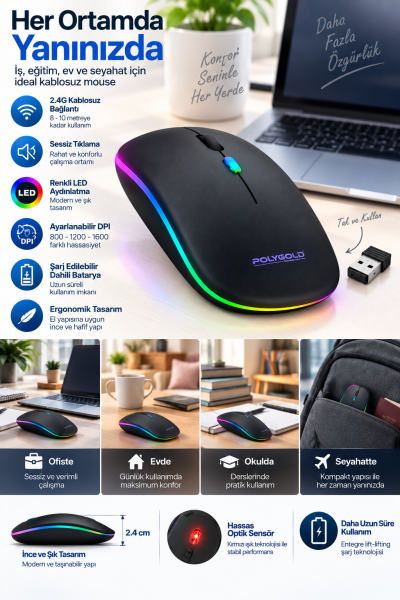 Sessiz Tıklama 800 1200 1600 DPI Ayarlanabilir Mouse - Lisinya