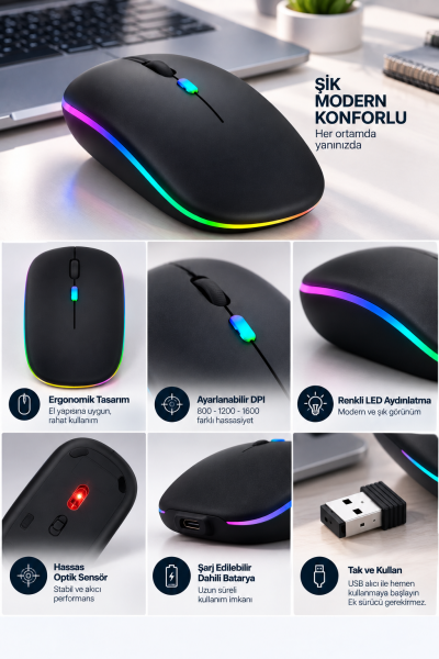 Sessiz Tıklama 800 1200 1600 DPI Ayarlanabilir Mouse - Lisinya
