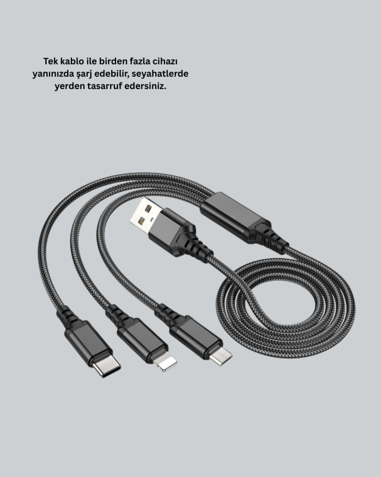 YamanHobi 3 Başlıklı Şarj Kablosu Type-C Micro USB Lightning 1.2 Metre