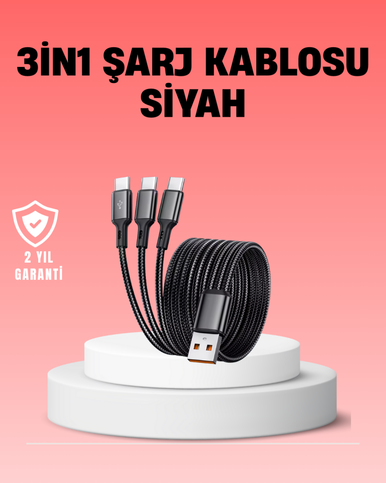 YamanHobi 3 Başlıklı Şarj Kablosu Type-C Micro USB Lightning 1.2 Metre