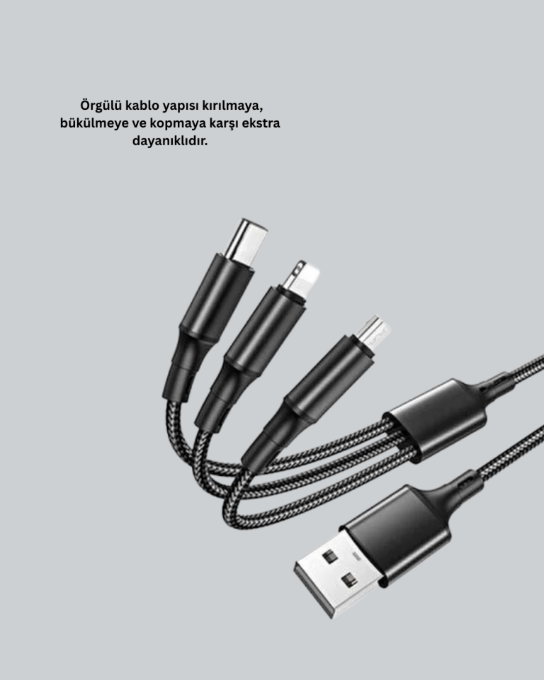YamanHobi 3 Başlıklı Şarj Kablosu Type-C Micro USB Lightning 1.2 Metre