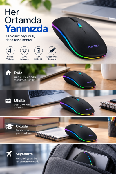 8 10 Metre Menzilli Şarj Edilebilir Kablosuz Mouse - Lisinya