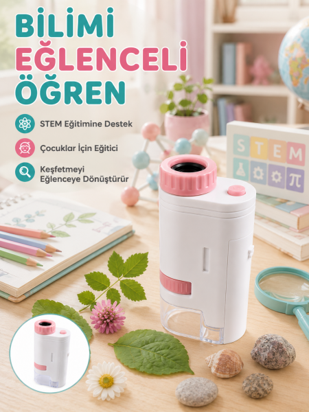 Taşınabilir LED Mikroskop 80X-200X Büyütmeli Çocuklar İçin Eğitici Bilim Mikroskobu - Lisinya