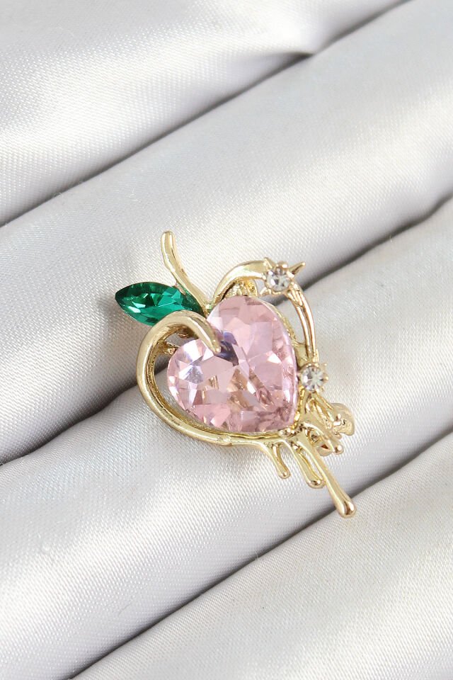 Pembe Ve Yeşil Zirkon Taşlı 3D Eriyen Kalp Figürlü Gold Renk Kadın Broş - Lisinya
