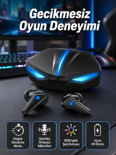 Bluetooth Kulaklık Oyuncu Kulaklığı RGB Işıklı Oyunlarda Düşük Gecikme - Lisinya
