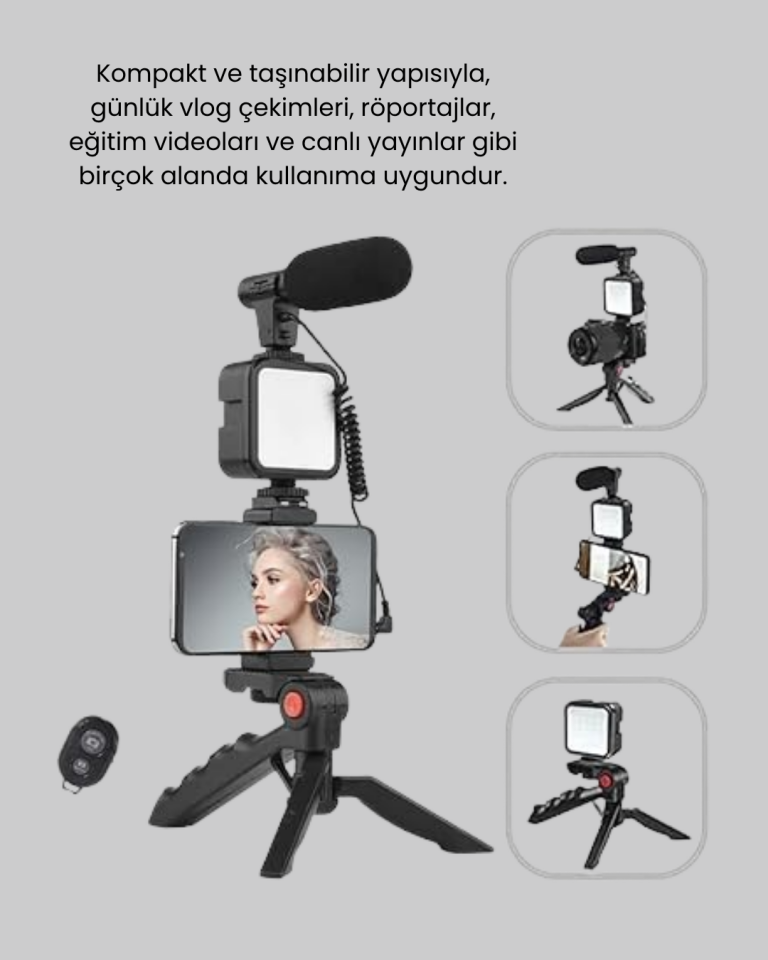 Video Çekim Kiti Tripod LED Işık Harici Mikrofon ve Bluetooth Kumanda Seti - Lisinya