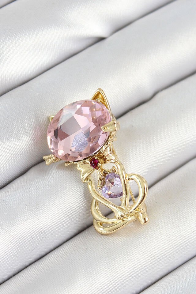 Pembe Zirkon Taşlı Kap Detaylı Kedi Figürlü Gold Renk Kadın Broş - Lisinya