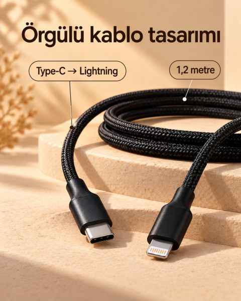Type C Lightning Örgülü Şarj ve Veri Kablosu 2 Metre - Lisinya