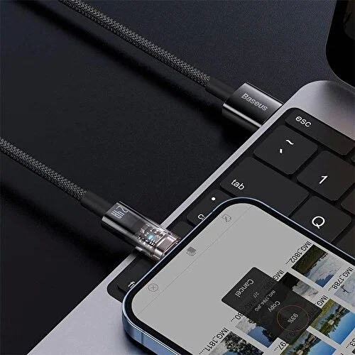 YamanHobi 45W Lightning Hızlı Şarj Kablosu LED Işıklı Şeffaf Uçlu Örgü Data Kablosu 1 Metre
