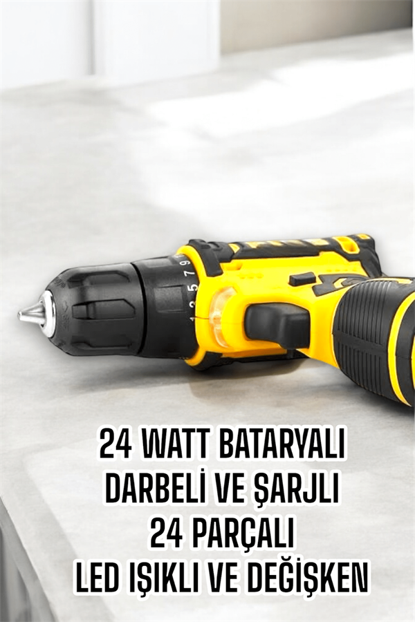 Çift Bataryalı Metal Dişli Darbeli Şarjlı Matkap Seti 24W Güç ve 24 Parça Aksesuar - Lisinya