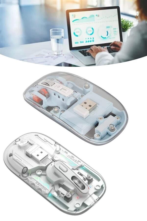 Sessiz Tıklama Çift Modlu Bluetooth Ve Alıcı Şeffaf Mouse Fare - Lisinya