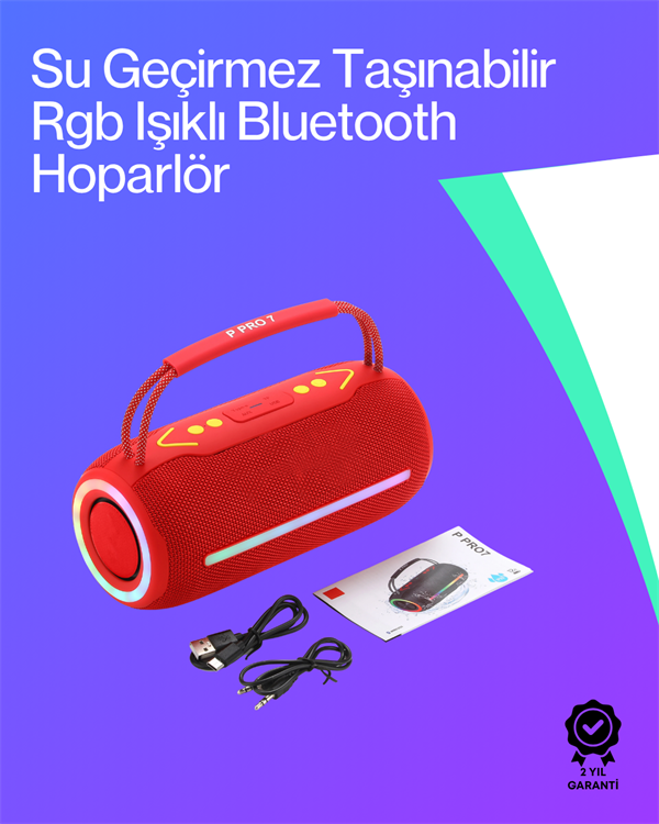 360 RGB LED'li Taşınabilir Bluetooth Hoparlör – Kırmızı, USB/TF Destekli - Lisinya