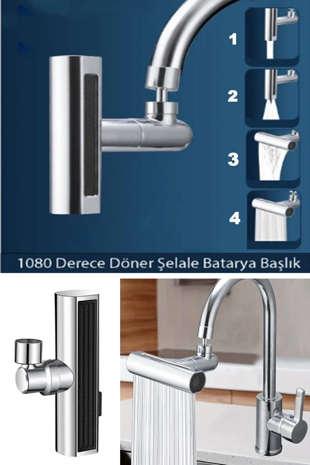 Krom Tasarruflu Şelale Musluk Başlığı 4 Modlu, Ayarlanabilir, Su Tasarrufu Sağlayan Pratik Başlık ( Lisinya )