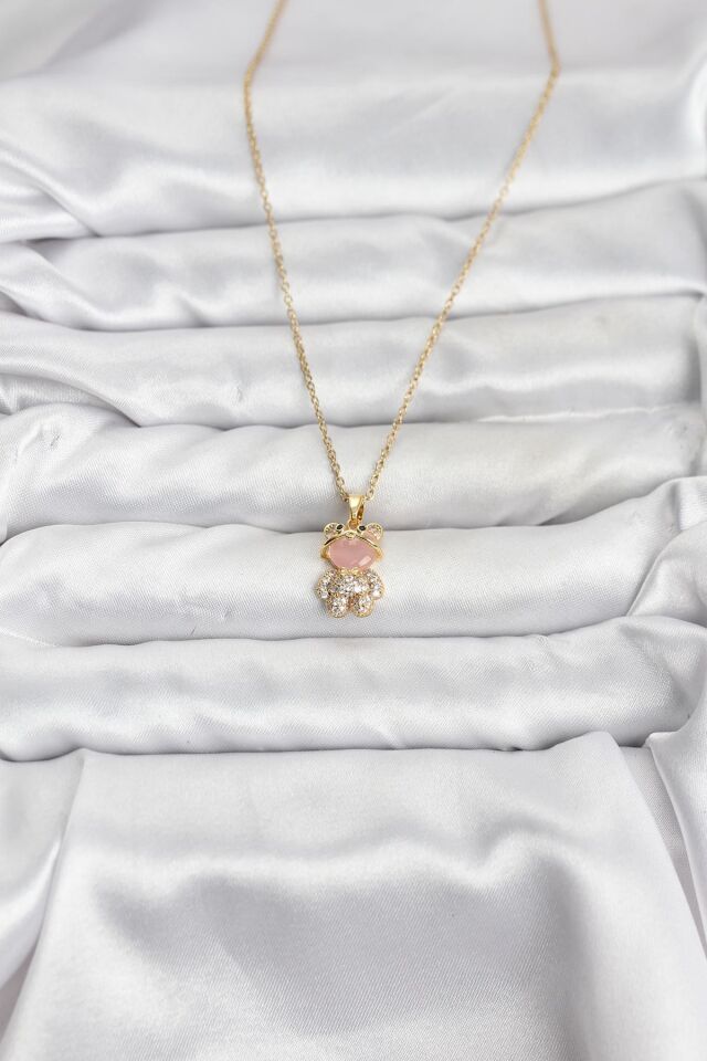 316L Çelik Zincir Gold Renk Teddy Bear Model Zirkon Taşlı Kadın Kolye - Lisinya