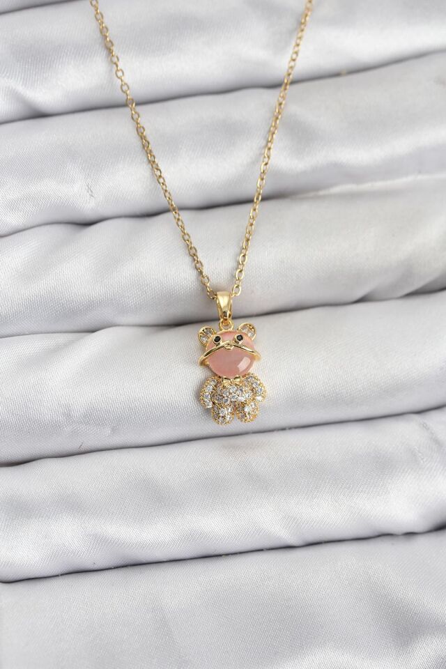 316L Çelik Zincir Gold Renk Teddy Bear Model Zirkon Taşlı Kadın Kolye - Lisinya