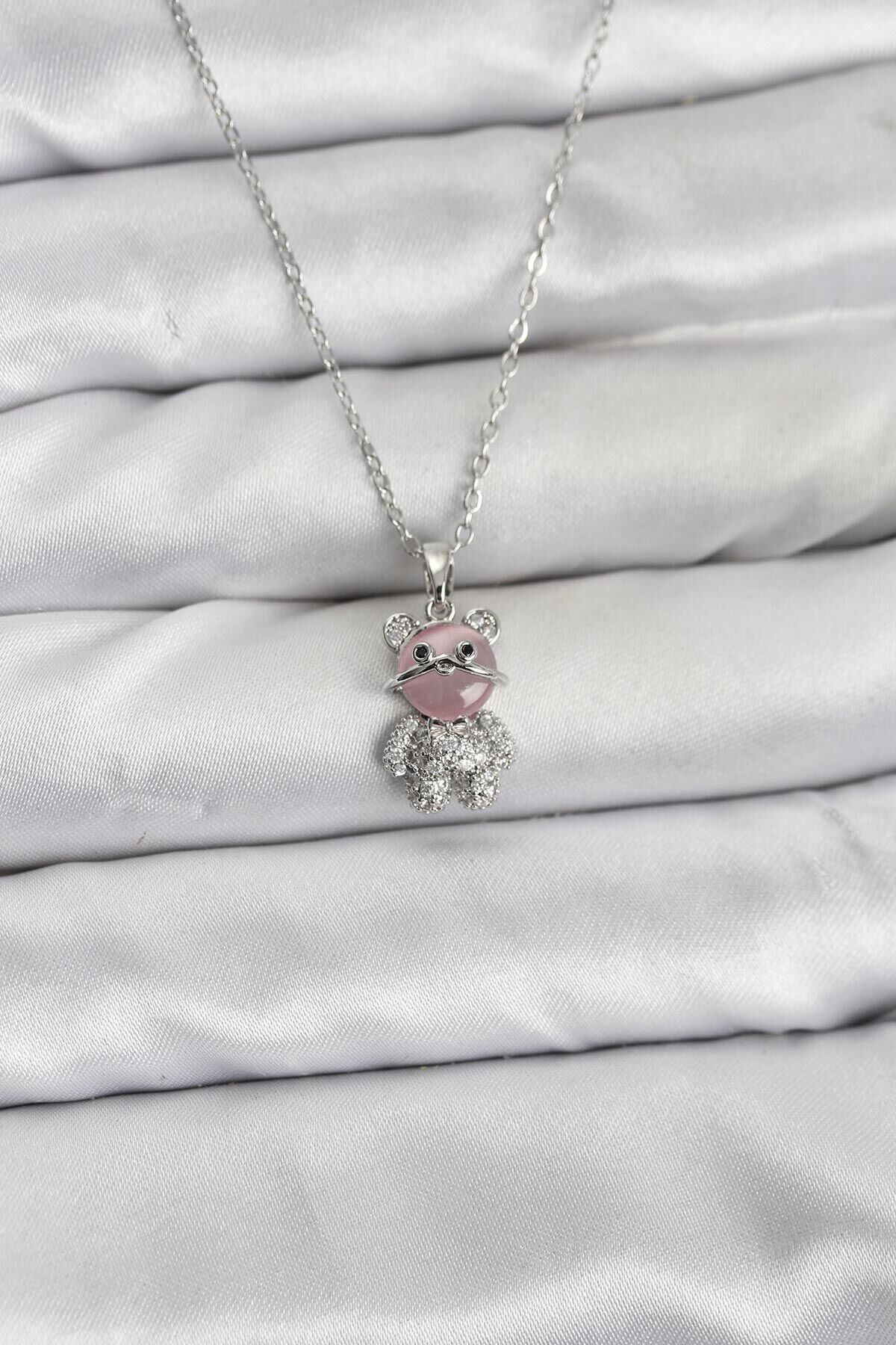 316L Çelik Zincir Gümüş Renk Teddy Bear Model Zirkon Taşlı Kadın Kolye - Lisinya