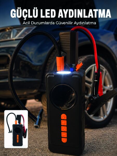 10000mAh Şarjlı Araç Kompresörü Akü Takviye Cihazı Powerbank Özellikli Dijital Lastik Şişirme Pompası - Lisinya