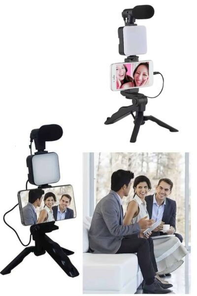 Telefon Tutucu Led Işıklı Kumandalı Mikrofon Telefon Vlog Video Kayıt - Lisinya