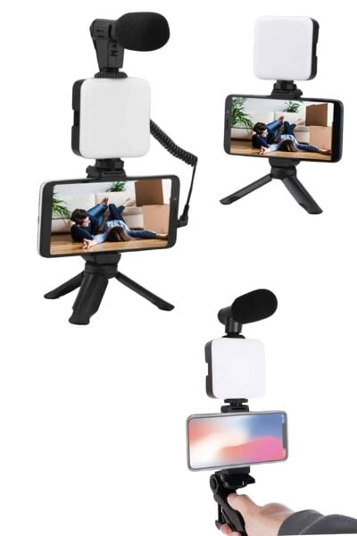Akıllı Telefon Vlog Kiti Tripod Mini Mikrofonlu Telefon Tutucu - Lisinya