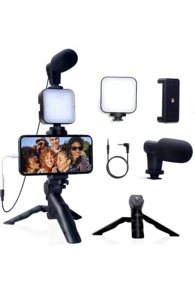 Akıllı Telefon Vlog Kiti Tripod Mini Mikrofonlu Telefon Tutucu - Lisinya