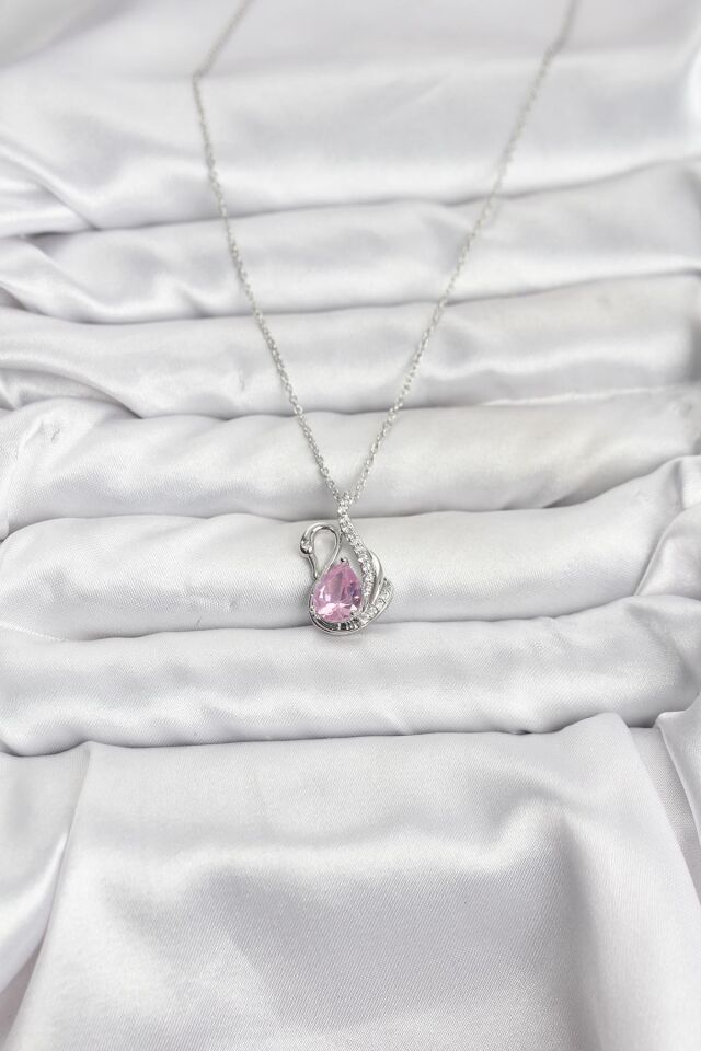 316L Çelik Zincir Gümüş Renk Pembe Kuğu Model Zirkon Taşlı Kadın Kolye - Lisinya