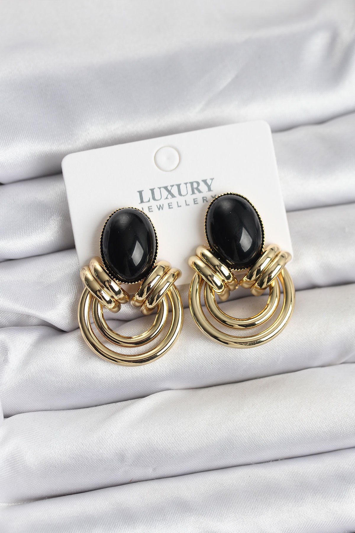 Pirinç Gold Renk Siyah Taşlı Vintage Kadın Küpe - Lisinya