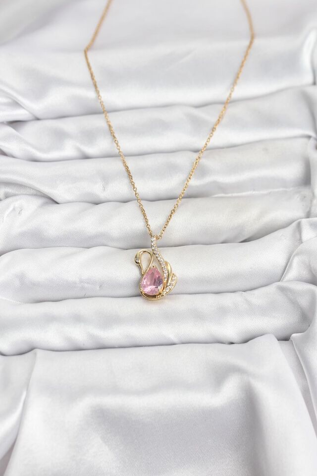 316L Çelik Zincir Gold Renk Pembe Kuğu Model Zirkon Taşlı Kadın Kolye - Lisinya