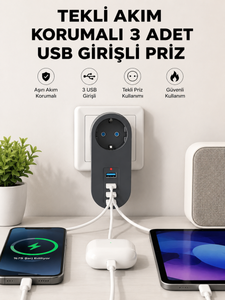 Isıya Dayanıklı 3 USB Portlu Güvenlikli Priz – Akıllı Enerji Yönetimi