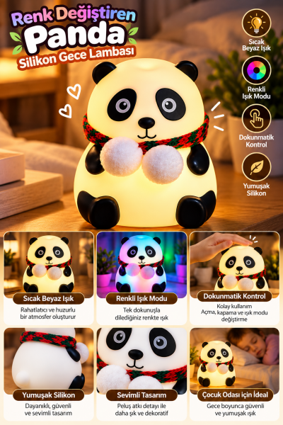 Yatak Odası Çocuk Odası İçin Renk Değiştiren Panda Silikon Gece Lambası - Lisinya