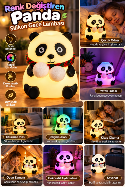 Yatak Odası Çocuk Odası İçin Renk Değiştiren Panda Silikon Gece Lambası - Lisinya