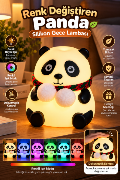Dokunmatik Kontrollü Renk Değiştiren Panda Gece Lambası Çocuk Odası ve Yatak Odası - Lisinya