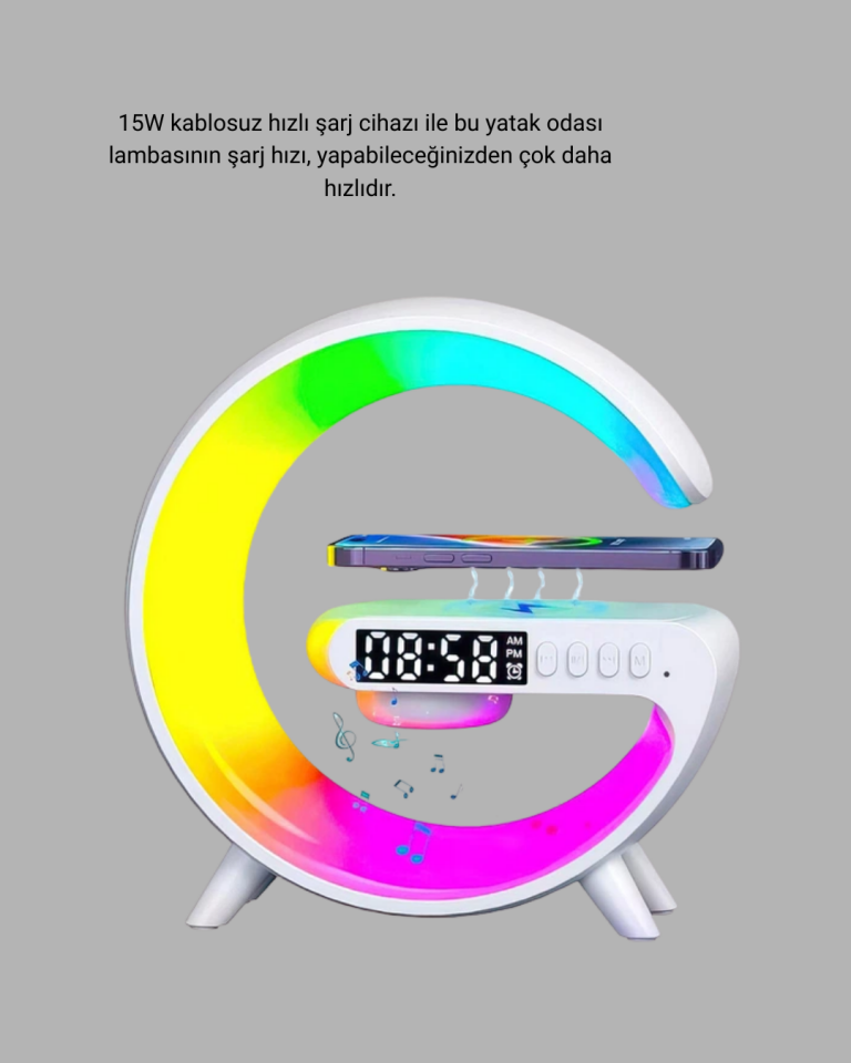 YamanHobi Bluetooth Hoparlörlü Masa Lambası Kablosuz Şarj ve Alarm Saatli