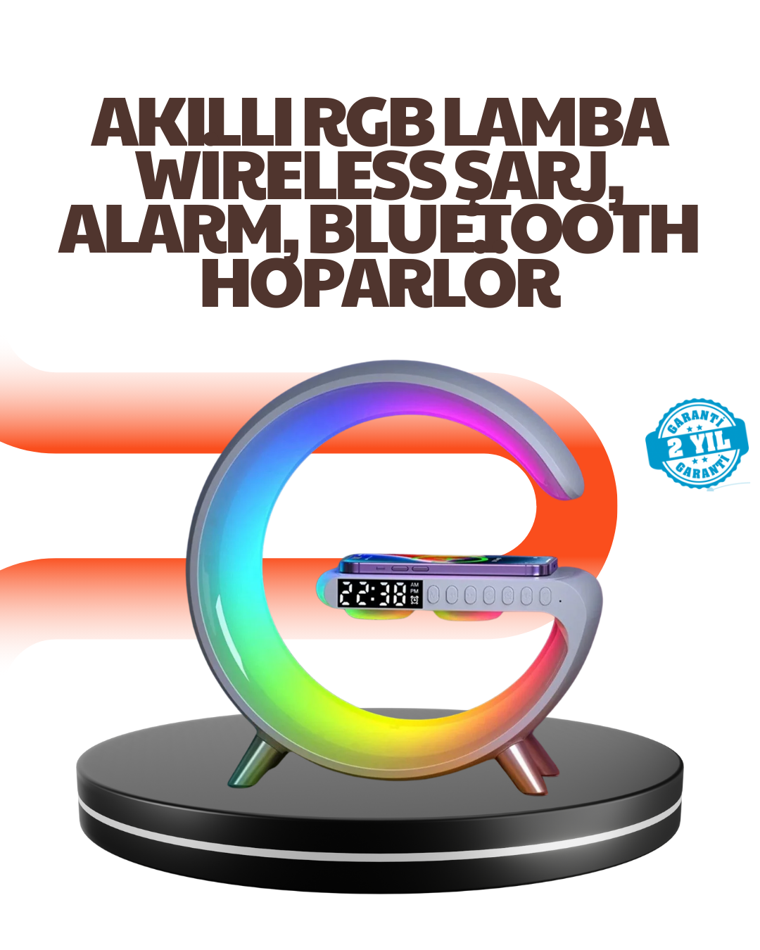 YamanHobi Bluetooth Hoparlörlü Masa Lambası Kablosuz Şarj ve Alarm Saatli
