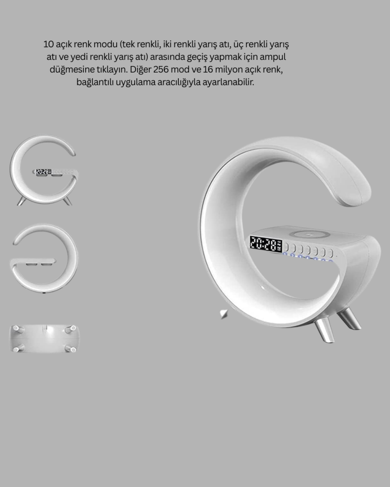 YamanHobi Bluetooth Hoparlörlü Masa Lambası Kablosuz Şarj ve Alarm Saatli