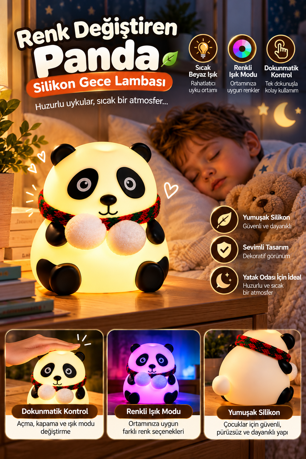 Renkli Işık Modlu Silikon Panda Gece Lambası Dokunmatik Kontrollü Sevimli Dekoratif - Lisinya