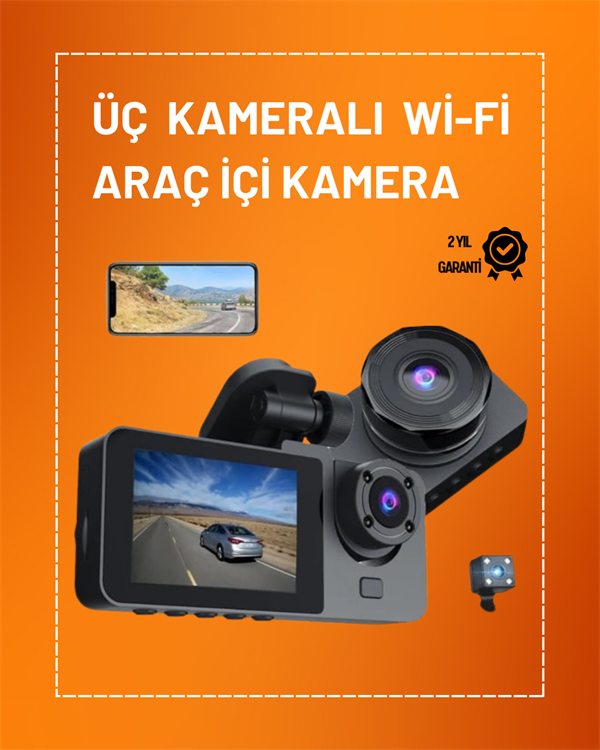 Full HD Çözünürlüklü Üç Kameralı Araç İçi Kamera – Park ve Sürüş Güvenliği - Lisinya