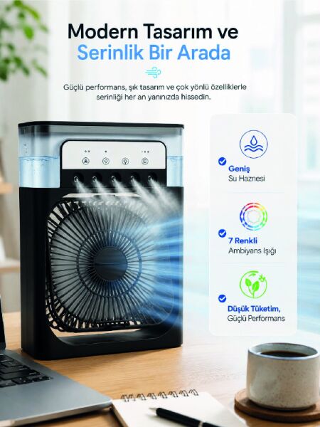 Masaüstü Püskürtmeli Serinletici Fan 5 Sisleme, 3 Fan Hızı, 7 Renk Ambiyans Işığı - Lisinya