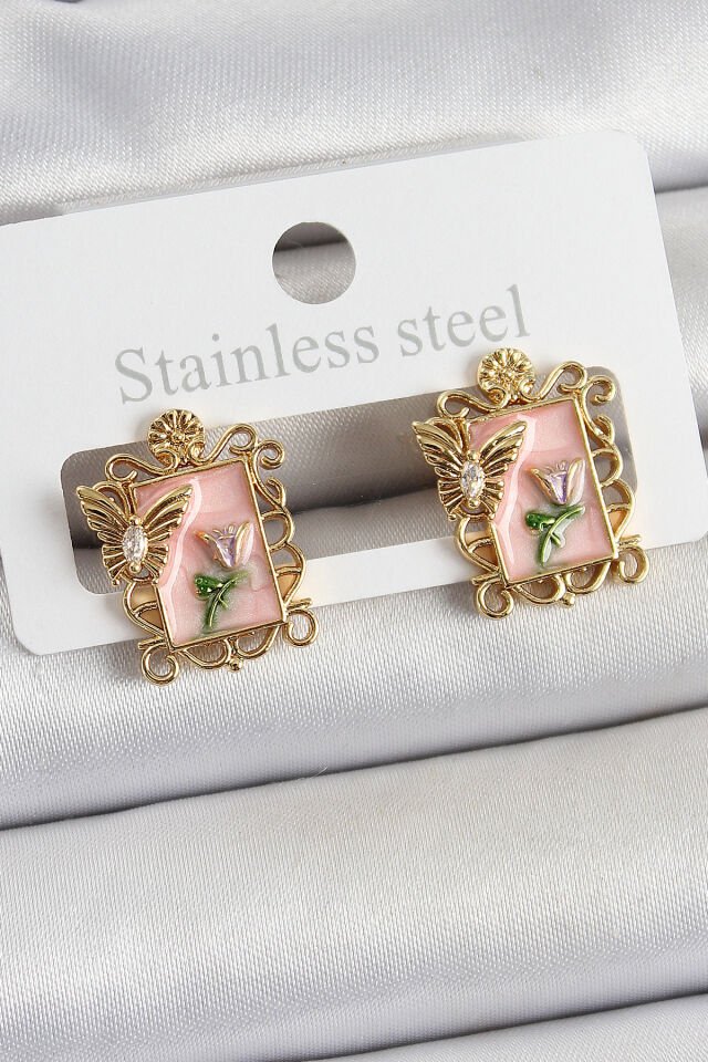 Pirinç Pembe Mineli Sanatsal Portre Model Gold Renk Kadın Küpe - Lisinya