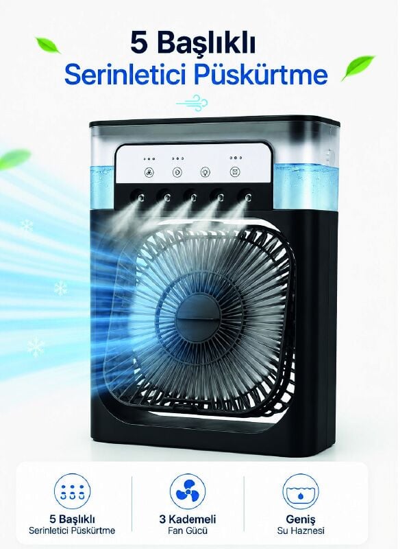 Püskürtmeli Masaüstü Fan 5 Başlıklı Serinletici, 600 ml Su Haznesi, 3 Kademe Fan, Type-C Bağlantı - Lisinya