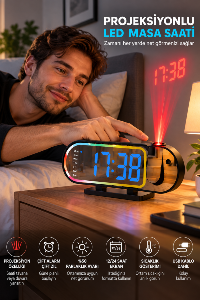 Modern LED Masa Saati Dijital Ekranlı Alarm Parlaklık Ayarlı 12 24 Saat Sıcaklık Göstergeli - Lisinya