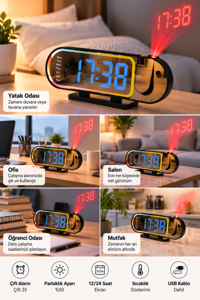 Modern LED Masa Saati Dijital Ekranlı Alarm Parlaklık Ayarlı 12 24 Saat Sıcaklık Göstergeli - Lisinya