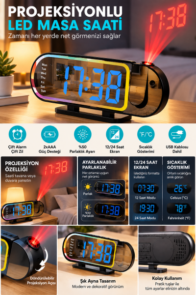 Modern LED Masa Saati Dijital Ekranlı Alarm Parlaklık Ayarlı 12 24 Saat Sıcaklık Göstergeli - Lisinya