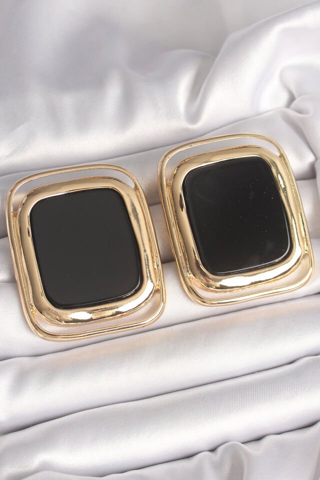 Pirinç Gold Renk Siyah Mineli Kare Model Kadın Küpe - Lisinya