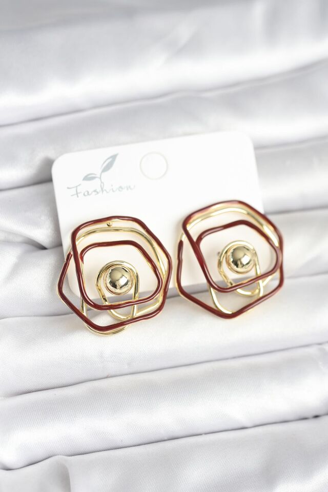 Pirinç Gold Renk Bordo Mineli Geometrik Gül Model Kadın Küpe - Lisinya
