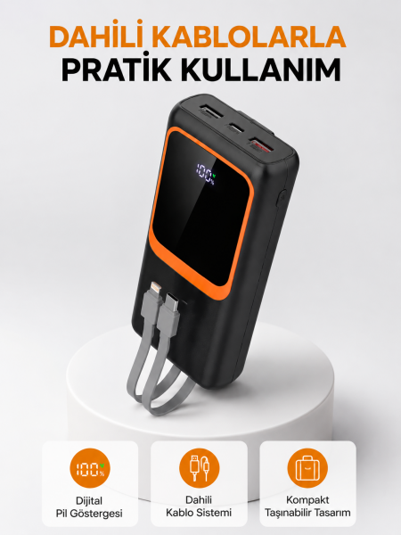 Powerbank 20000 mAh Dijital Ekranlı ve Çok Kablolu Hızlı Şarj Cihazı