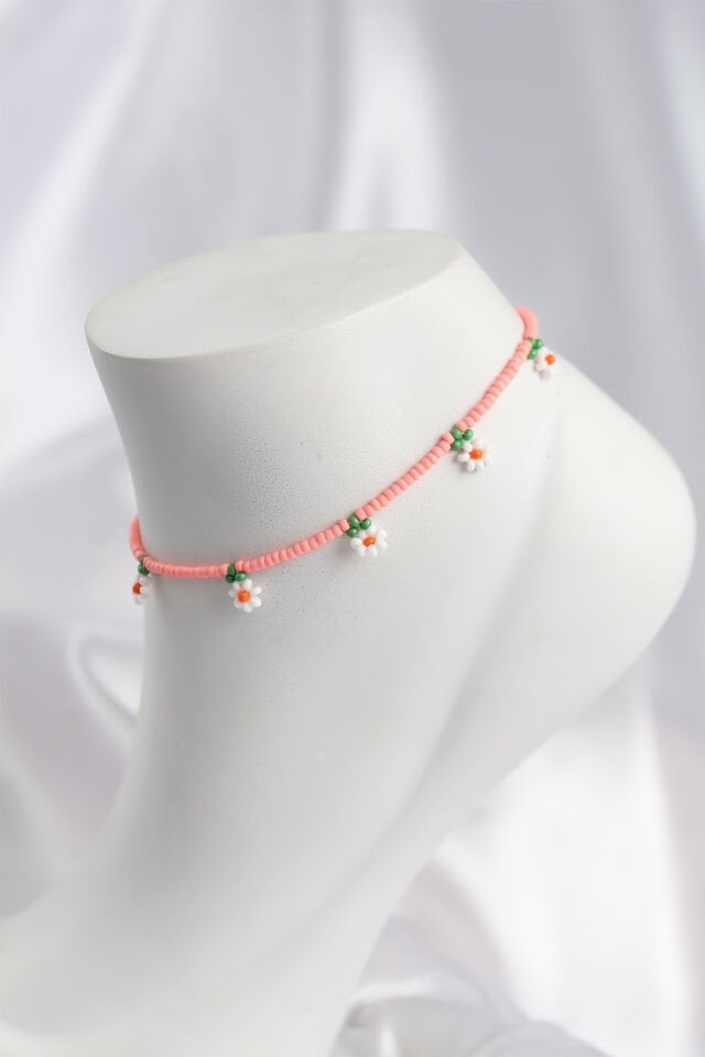 Pembe Renk Boncuklu Papatya Motifli Halhal - Lisinya